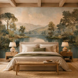 Whispering lakeside panorama mural above a linen bed in a serene neutral bedroom