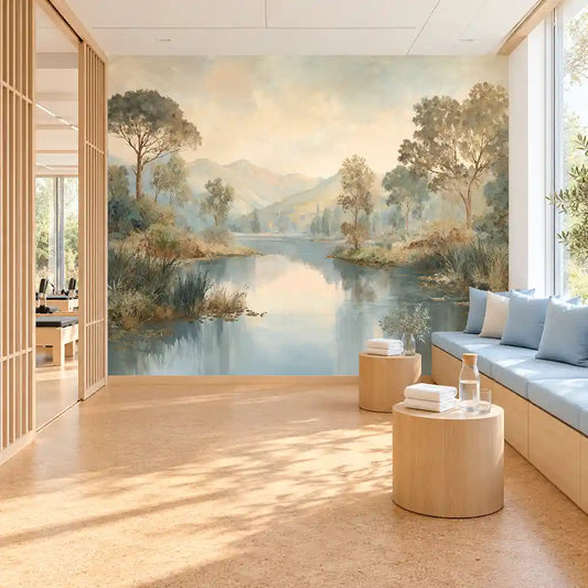 Whispering Lakeside panorama mural with misty lake and trees in a bright spa lounge with bench seat