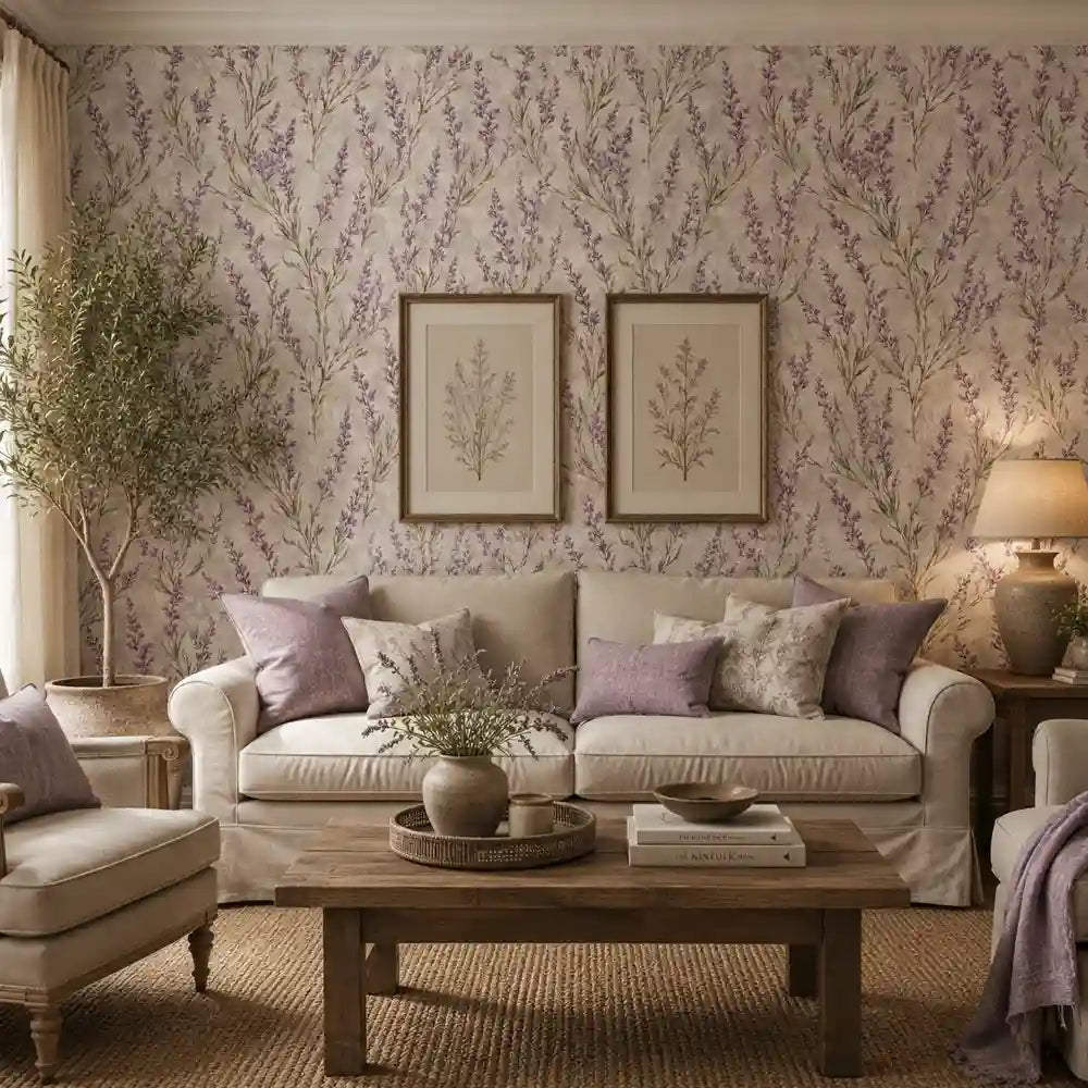 Soft purple and sage color tones of lavender meadow botanical wallpaper.