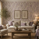 Soft purple and sage color tones of lavender meadow botanical wallpaper.