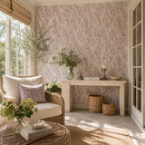 Panel repeat of lavender meadow botanical wallpaper across a tall wall.