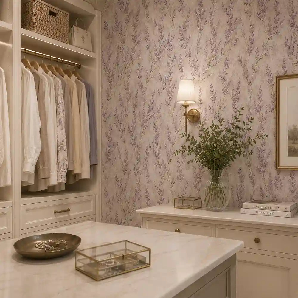 Pattern detail of lavender meadow botanical wallpaper and its purple blooms.
