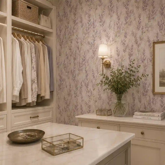 Pattern detail of lavender meadow botanical wallpaper and its purple blooms.