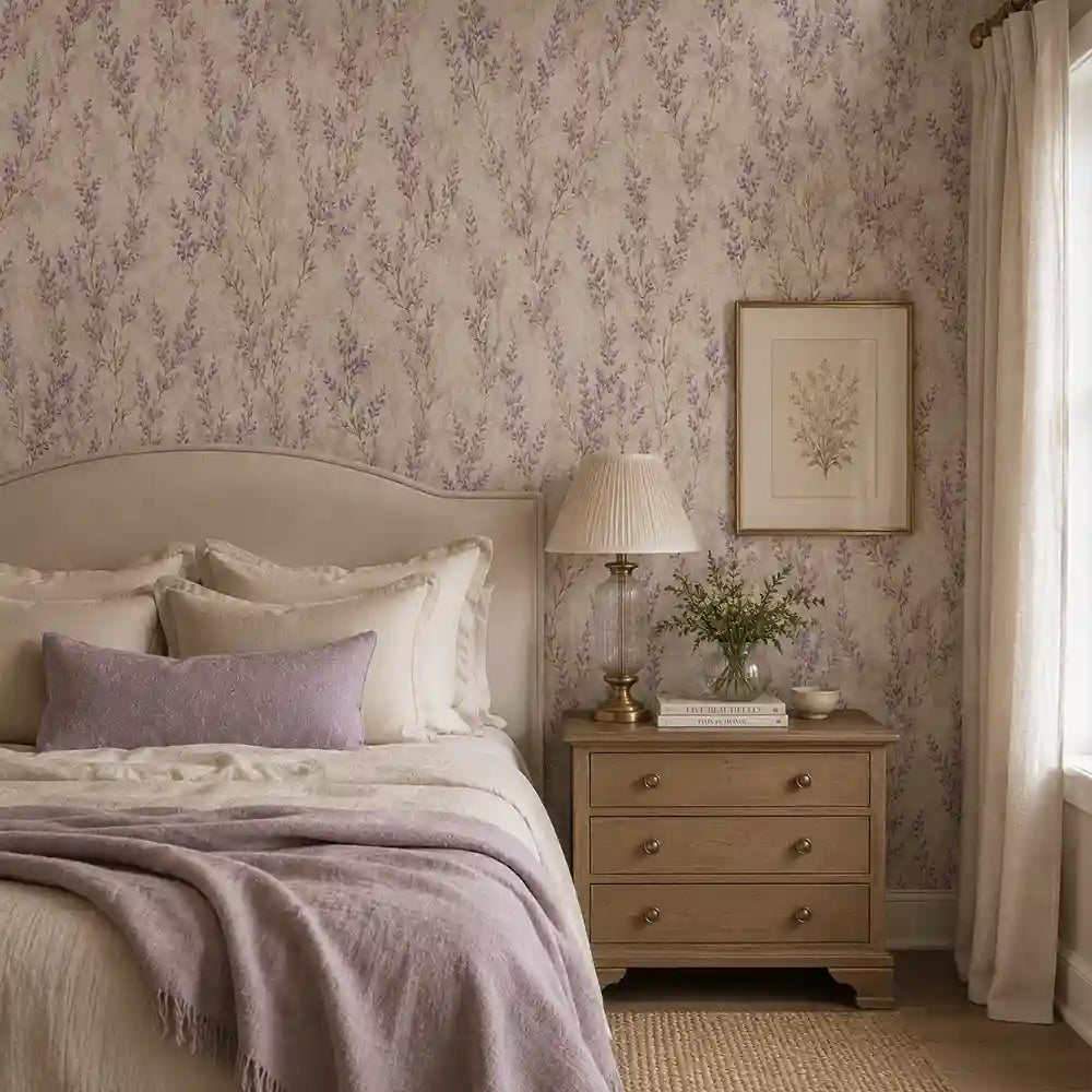 Texture close up of lavender meadow botanical wallpaper in a matte finish.