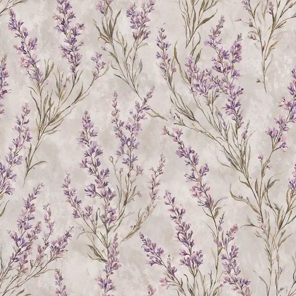 Lavender meadow botanical wallpaper with tall stems for a calm interior wall.