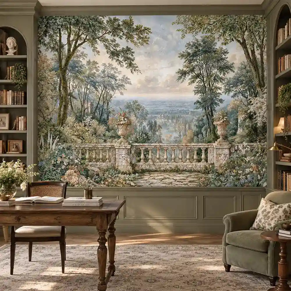Library study desk against a traditional European landscape garden wall mural