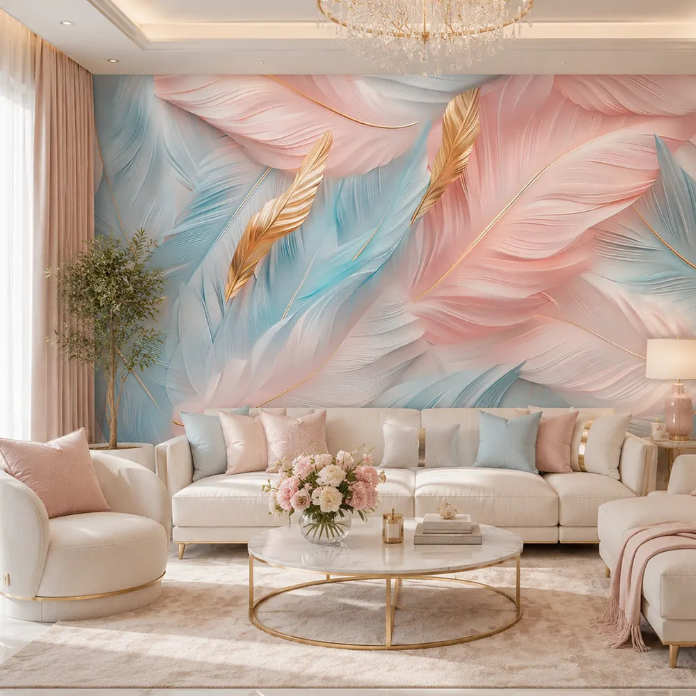 Blush feather mural in a bright living room with cream sofa and gold coffee table