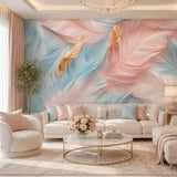 Blush feather mural in a bright living room with cream sofa and gold coffee table