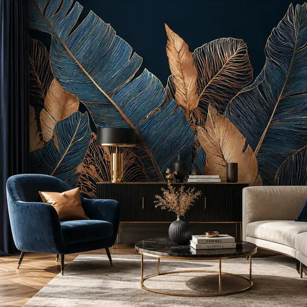 Noir palm elegance wallpaper in a living room with navy velvet armchair