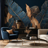 Noir palm elegance wallpaper in a living room with navy velvet armchair