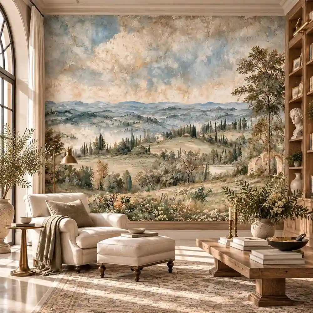 Living room with ottoman and bookshelves before a Tuscan rolling hills wall mural