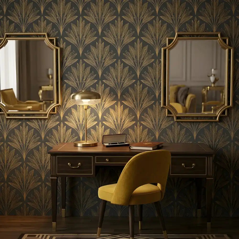 Luxe palm peel-and-stick wallpaper sample showing art deco fan and palm detail close-up