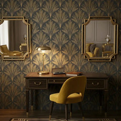 Luxe palm peel-and-stick wallpaper sample showing art deco fan and palm detail close-up