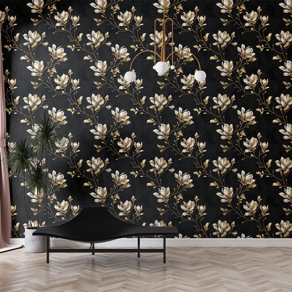 Luxurious Black and Gold Magnolia Wallpaper ideas for your home.