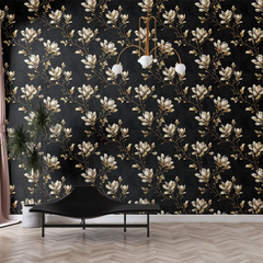 Luxurious Black and Gold Magnolia Wallpaper ideas for your home.