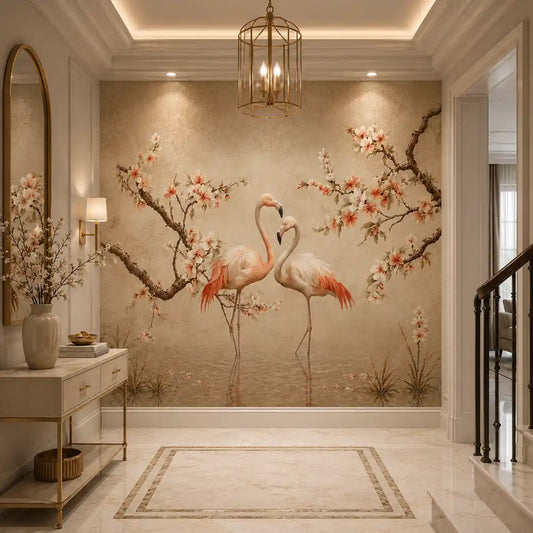 Flamingo blossom mural wallpaper in a luxury entryway with console table and lantern