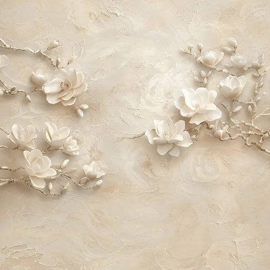 Close-up of ivory magnolia relief mural showing sculpted petals and plaster texture