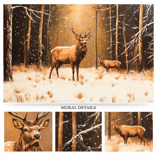 Mural details of a majestic stag, doe and falling snow in a golden winter forest