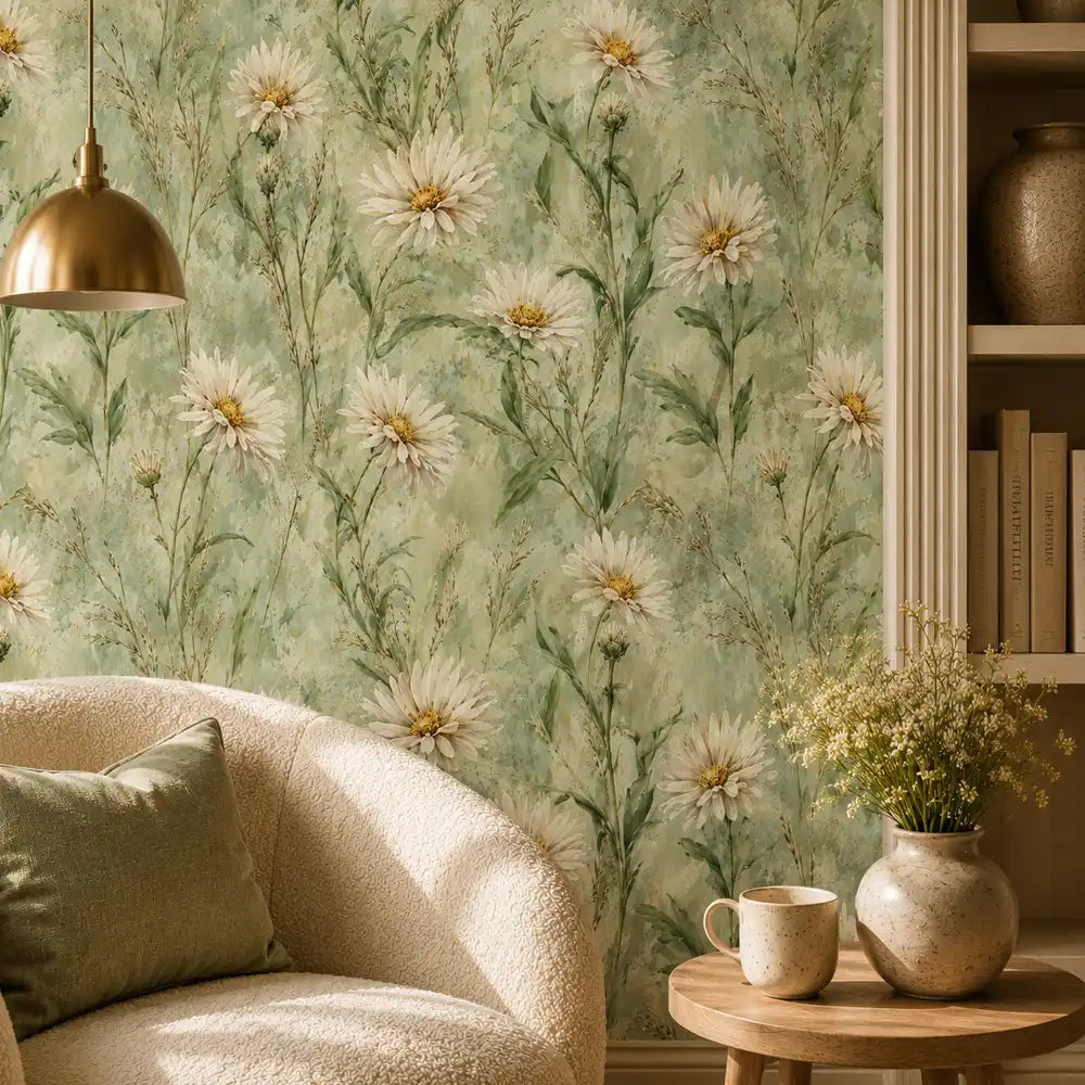 Green and cream color tones of meadow daisy wallpaper for neutral rooms.
