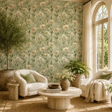 Full panel repeat of meadow daisy wallpaper across a tall interior wall.