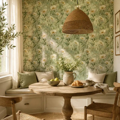 Pattern detail of meadow daisy wallpaper showing petals and slim green stems.