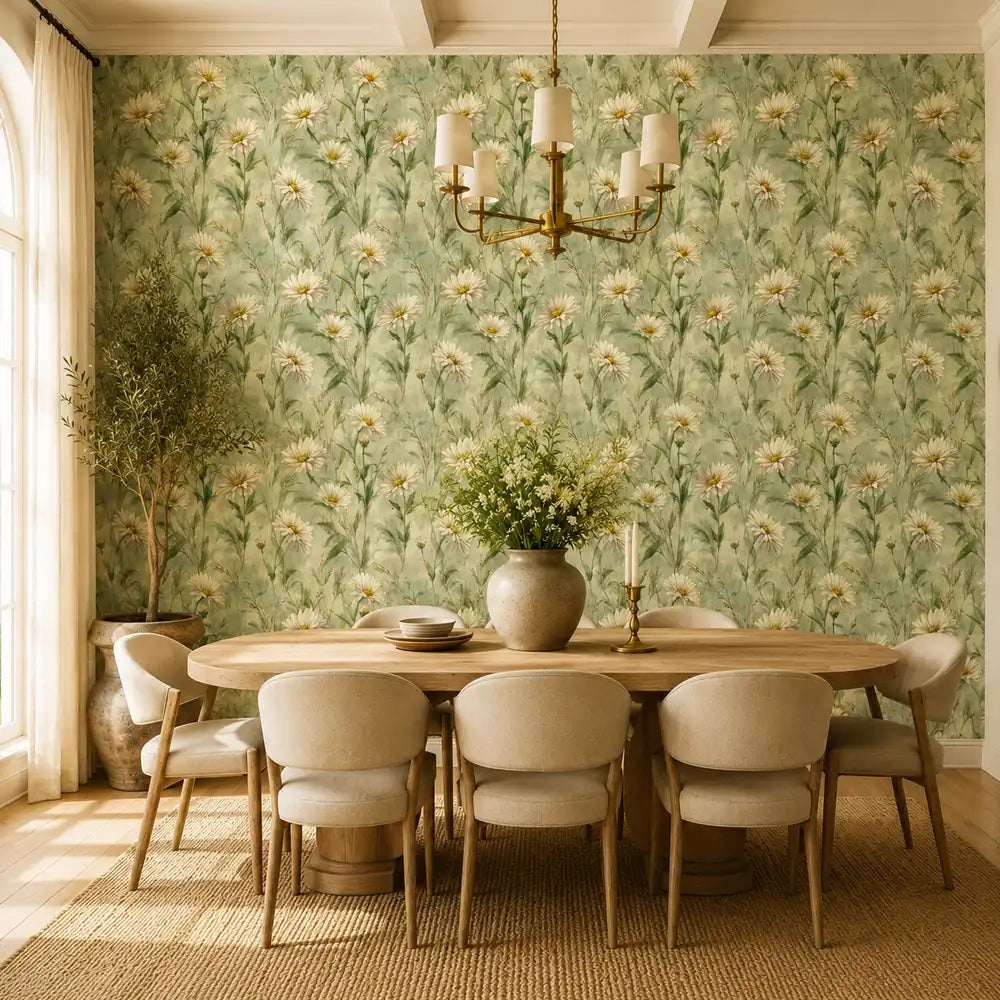 Texture close up of meadow daisy wallpaper with a soft matte painted finish.