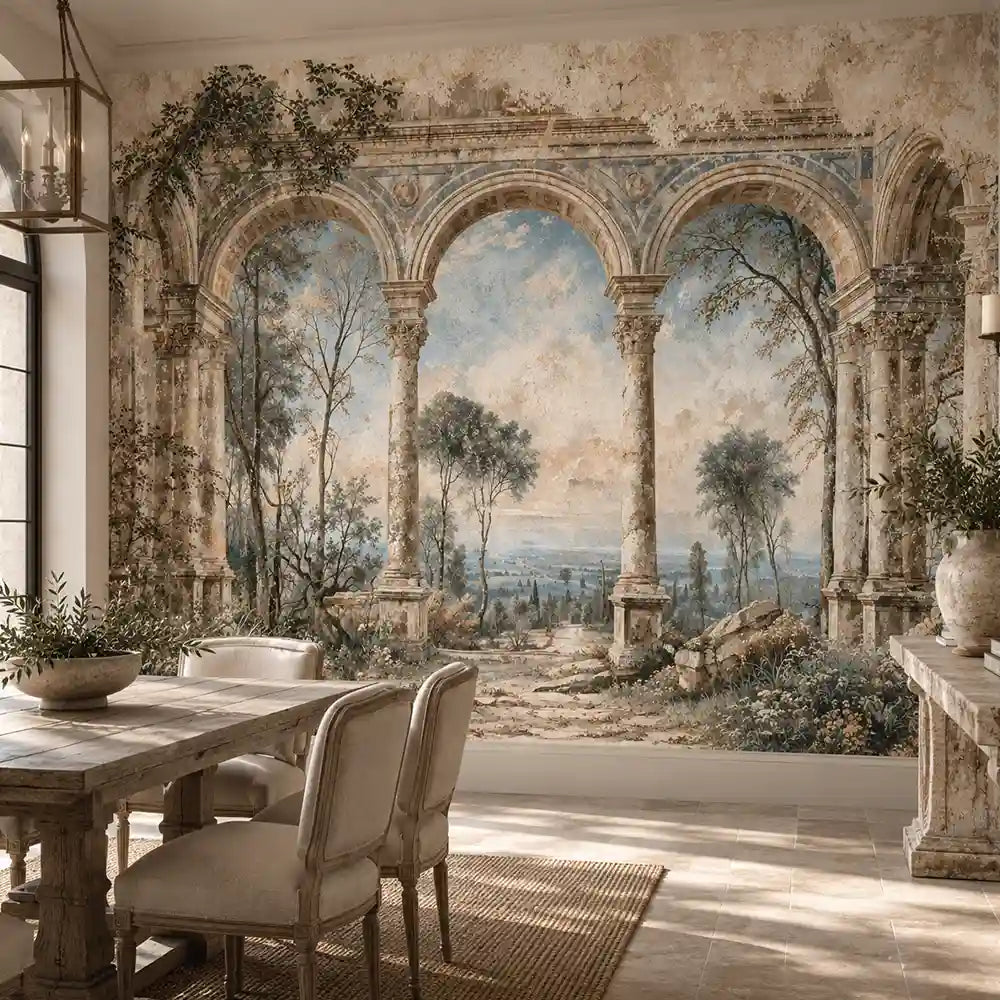 Dining room with linen chairs and a Mediterranean arches landscape wall mural