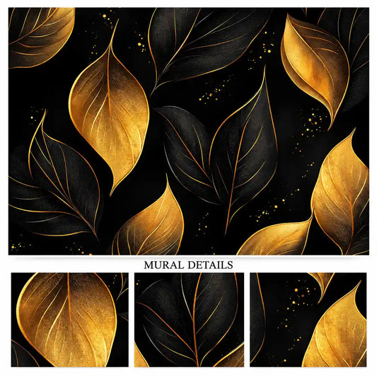 Mural details of metallic-look gold leaves with fine veins on a black background
