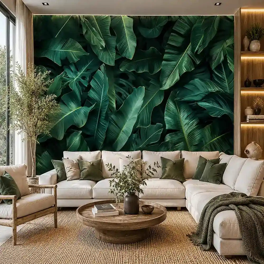Midnight banana leaf wallpaper full bedroom wall view, deep forest green atmosphere