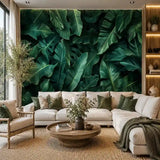Midnight banana leaf wallpaper full bedroom wall view, deep forest green atmosphere