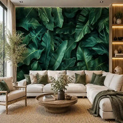 Midnight banana leaf wallpaper full bedroom wall view, deep forest green atmosphere
