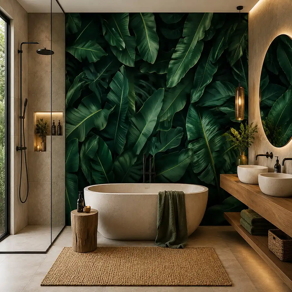 Close-up of banana leaf wallpaper pattern showing oversized tropical leaf texture