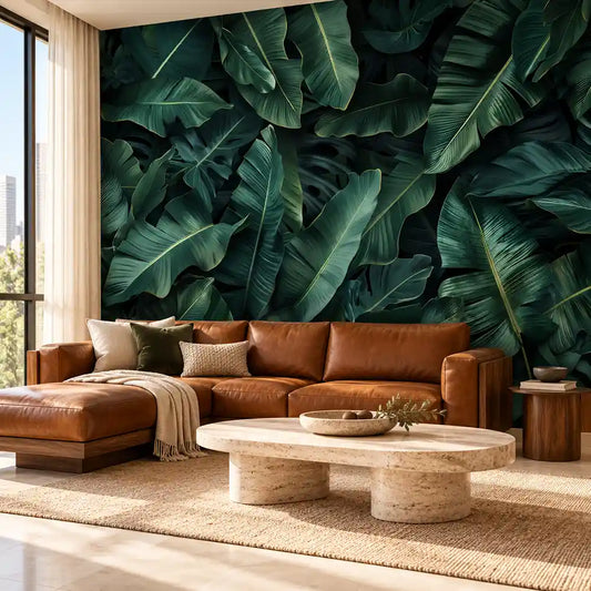 Midnight banana leaf wallpaper in deep green behind a cognac leather sectional sofa