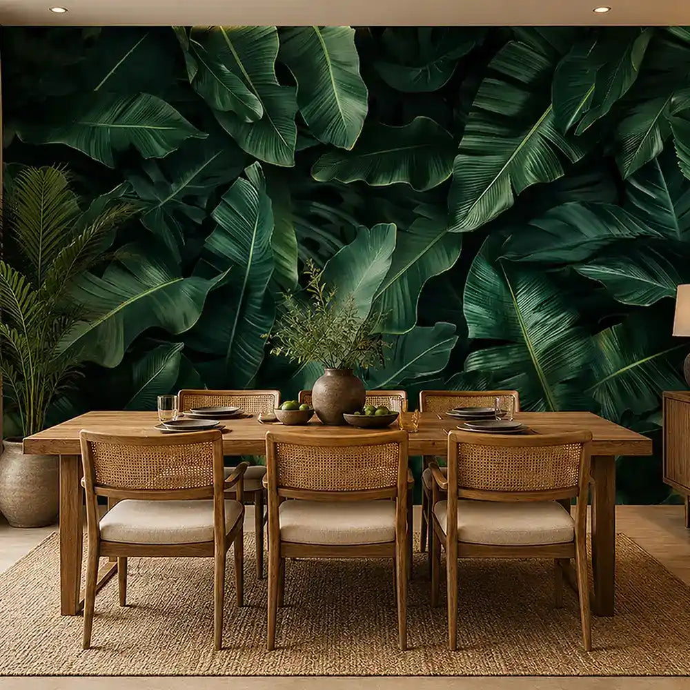 Banana leaf peel-and-stick wallpaper in living room, bold dramatic accent feature wall