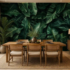 Banana leaf peel-and-stick wallpaper in living room, bold dramatic accent feature wall