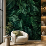 Dark tropical wallpaper sample tile with dramatic banana leaf scale reference