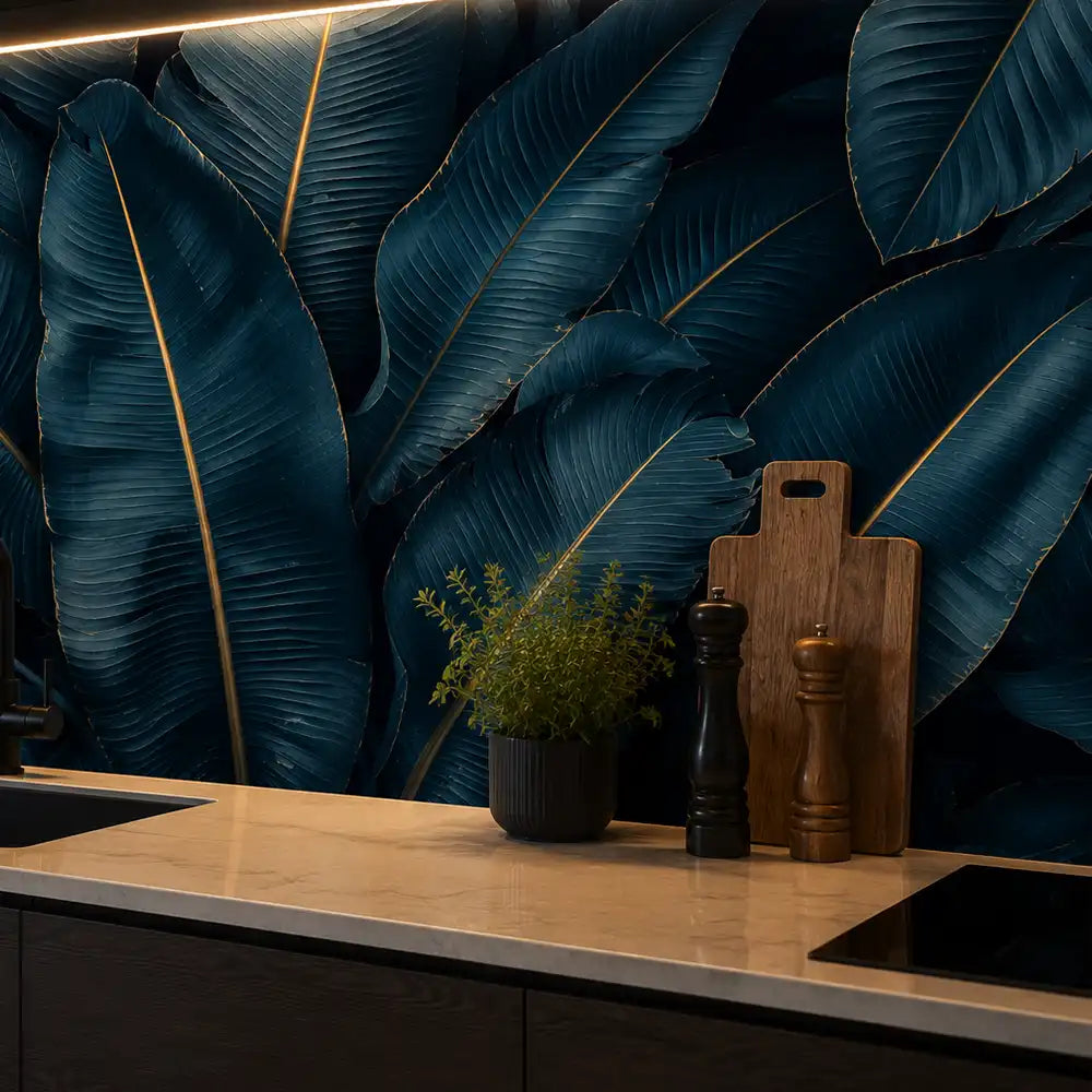 Dark exotic wallpaper close-up texture detail, canvas finish with tropical motifs