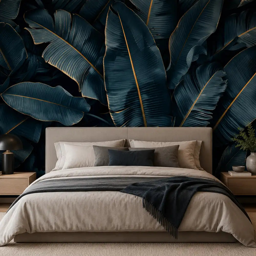 Midnight blue tropics wallpaper close-up showing bold leaf silhouettes and navy tones