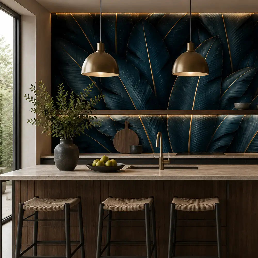 Midnight blue removable wallpaper in living room, bold tropical statement wall styling