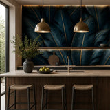 Midnight blue removable wallpaper in living room, bold tropical statement wall styling