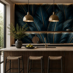 Midnight blue removable wallpaper in living room, bold tropical statement wall styling