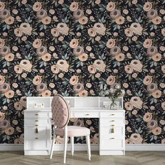 Dark romantic floral wallpaper full bedroom installation, blush petal accent feature wall