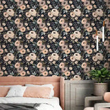 Midnight blush wallpaper canvas texture close-up, smooth dark floral material finish