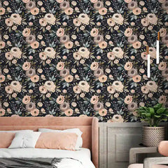 Midnight blush wallpaper canvas texture close-up, smooth dark floral material finish