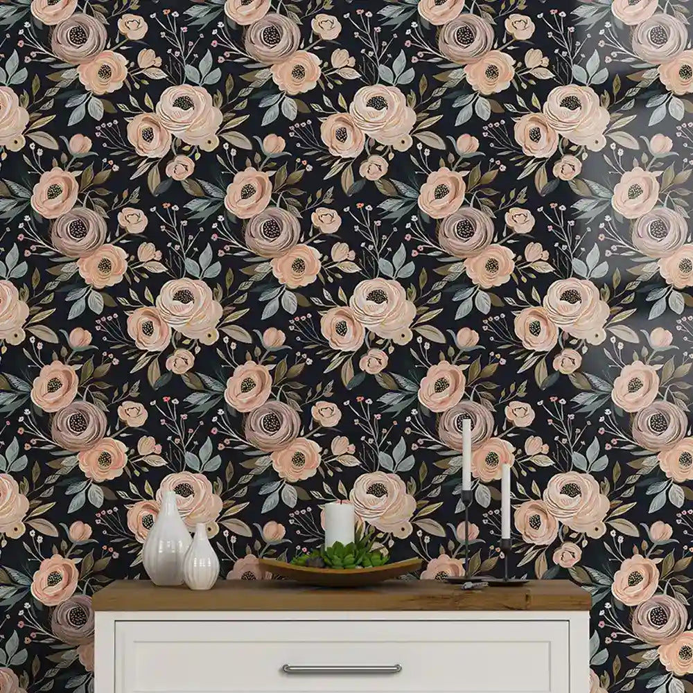 Blush floral removable wallpaper in living room, dark ground botanical statement wall