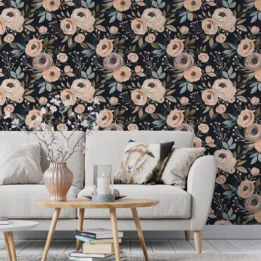 Midnight blush wallpaper close-up with delicate pink flowers on dark ground detail