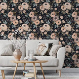 Midnight blush wallpaper close-up with delicate pink flowers on dark ground detail