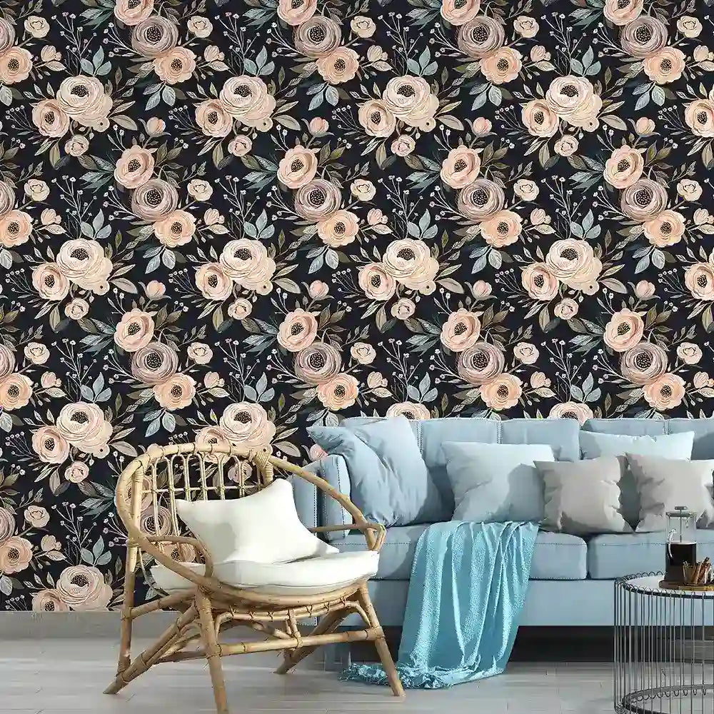 Romantic wallpaper sample tile showing blush rose and midnight black contrast pattern