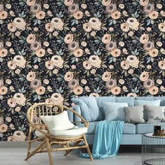 Romantic wallpaper sample tile showing blush rose and midnight black contrast pattern