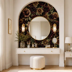 Dahlia wallpaper in living room, dramatic black and burgundy bold botanical feature wall